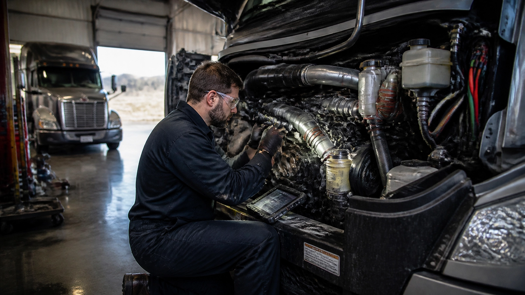 Technician repairing diesel truck engine at ER Auto Diesel & Tire LLC.