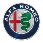 Alfa Romeo logo with red cross and green serpent on a blue background.