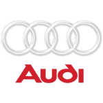 Audi logo with four interlinked rings and red Audi text.
