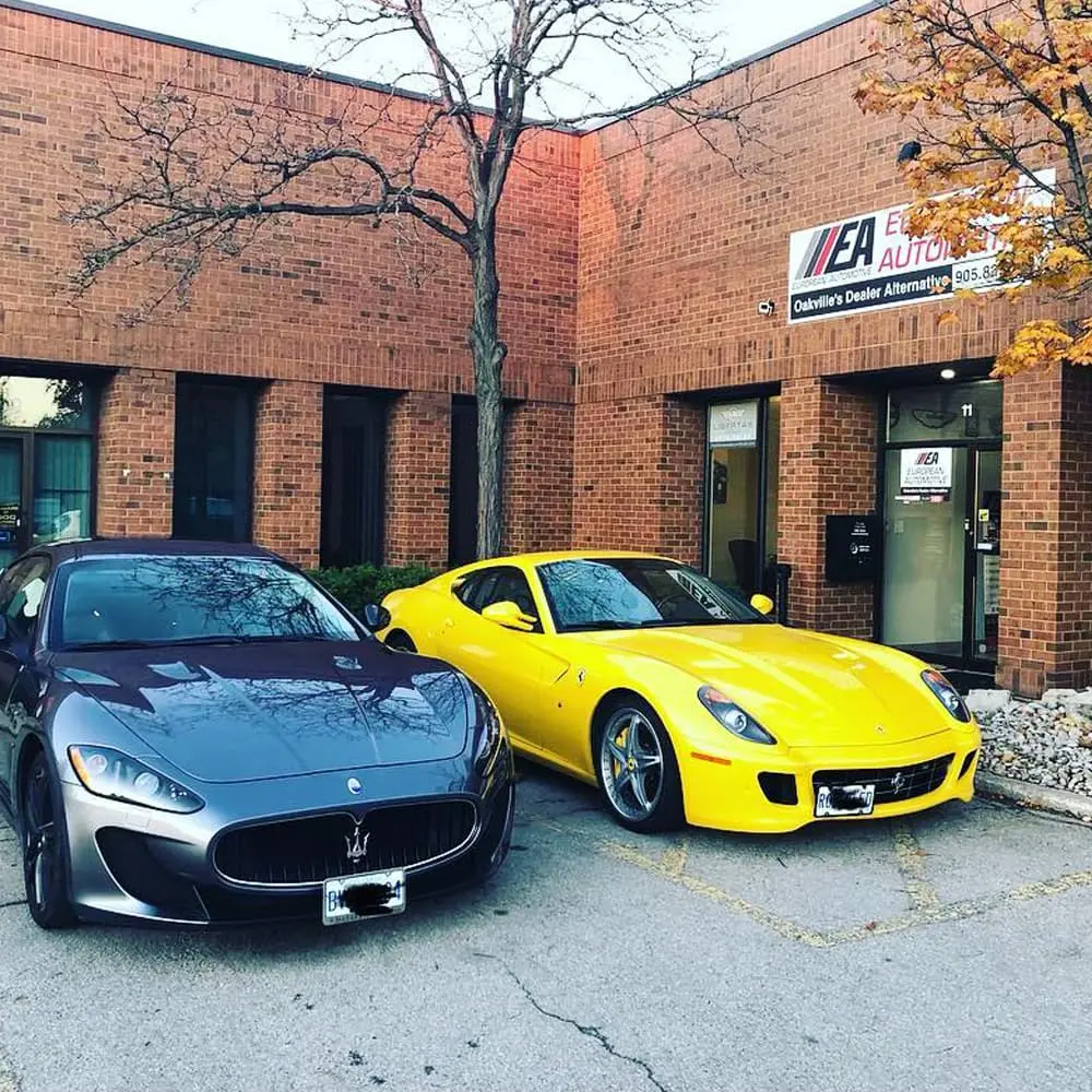 Two luxury sports cars parked outside European Automotive dealership.