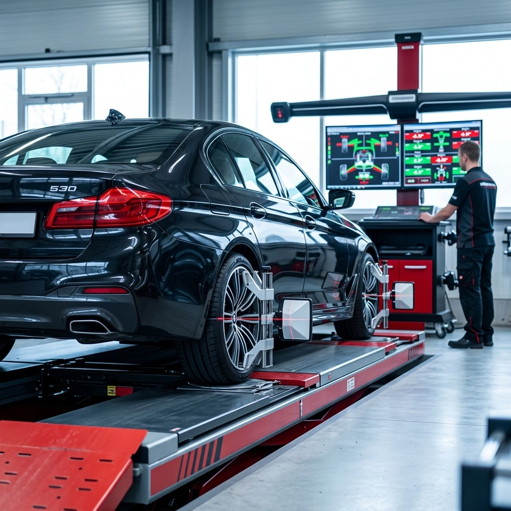 BMW 530i undergoing tire alignment at Express Tire And Auto Service.