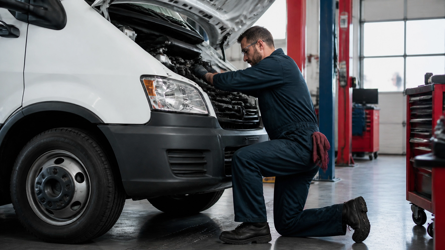 Technician inspecting car engine at Express Tire And Auto Service.