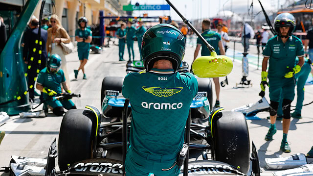 The Aston Martin Team Practise A Pit Stop