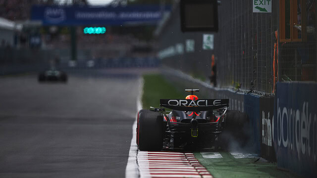 MONTREAL, QUEBEC - JUNE 08: Max Verstappen of the Netherlands driving the (1) Oracle Red Bull Racing RB20 hits the Wall of Champions during final practice ahead of the F1 Grand Prix of Canada at Circuit Gilles Villeneuve on June 08, 2024 in Montreal, Quebec. (Photo by Rudy Carezzevoli/Getty Images)