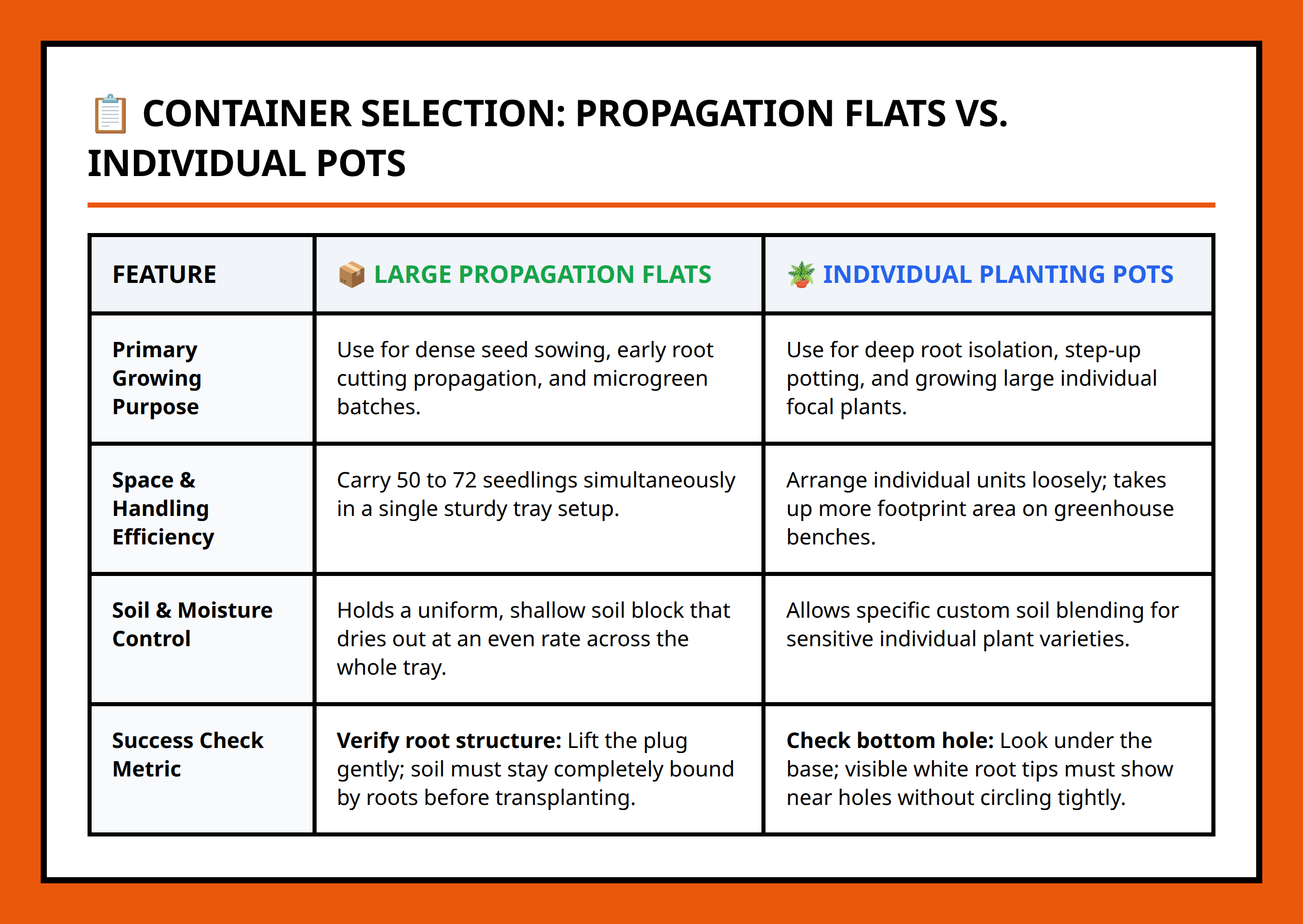 Comparison table contrasting wide propagation flats against individual planting pots for greenhouse use