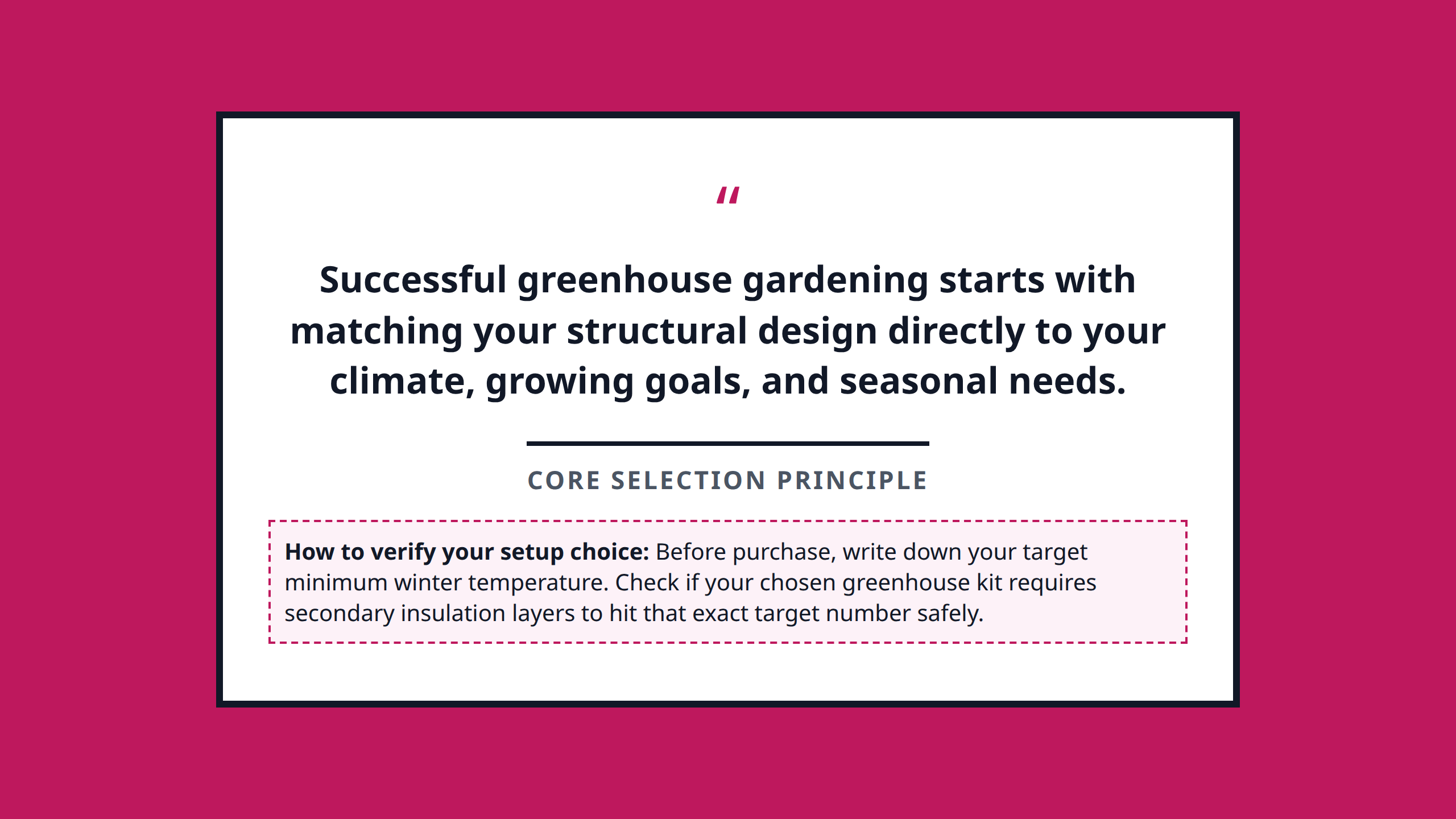 Quote graphic stating the core principle of successful beginner greenhouse selection and placement