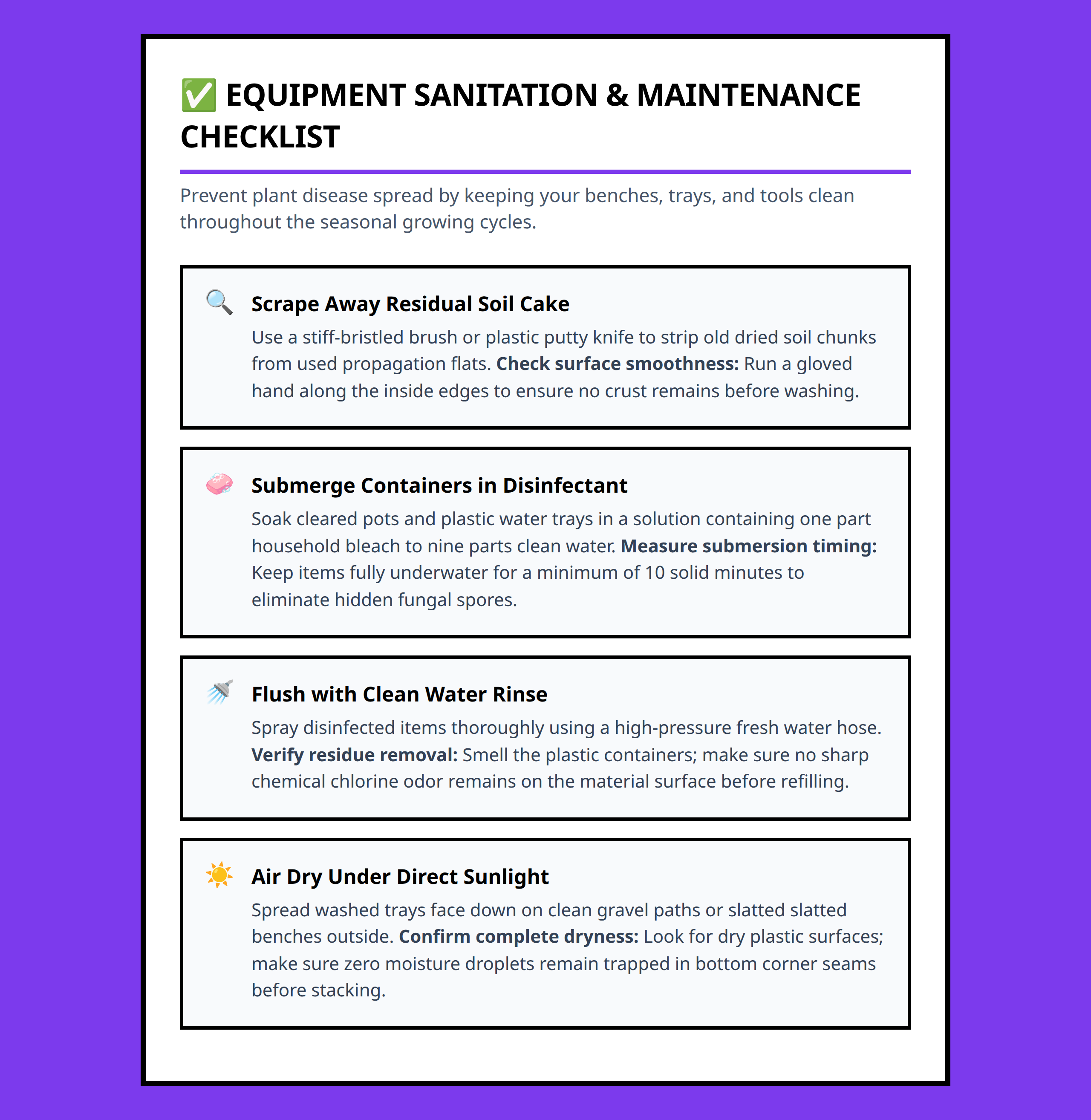 Sanitation and maintenance checklist for greenhouse containers, trays, and work surfaces