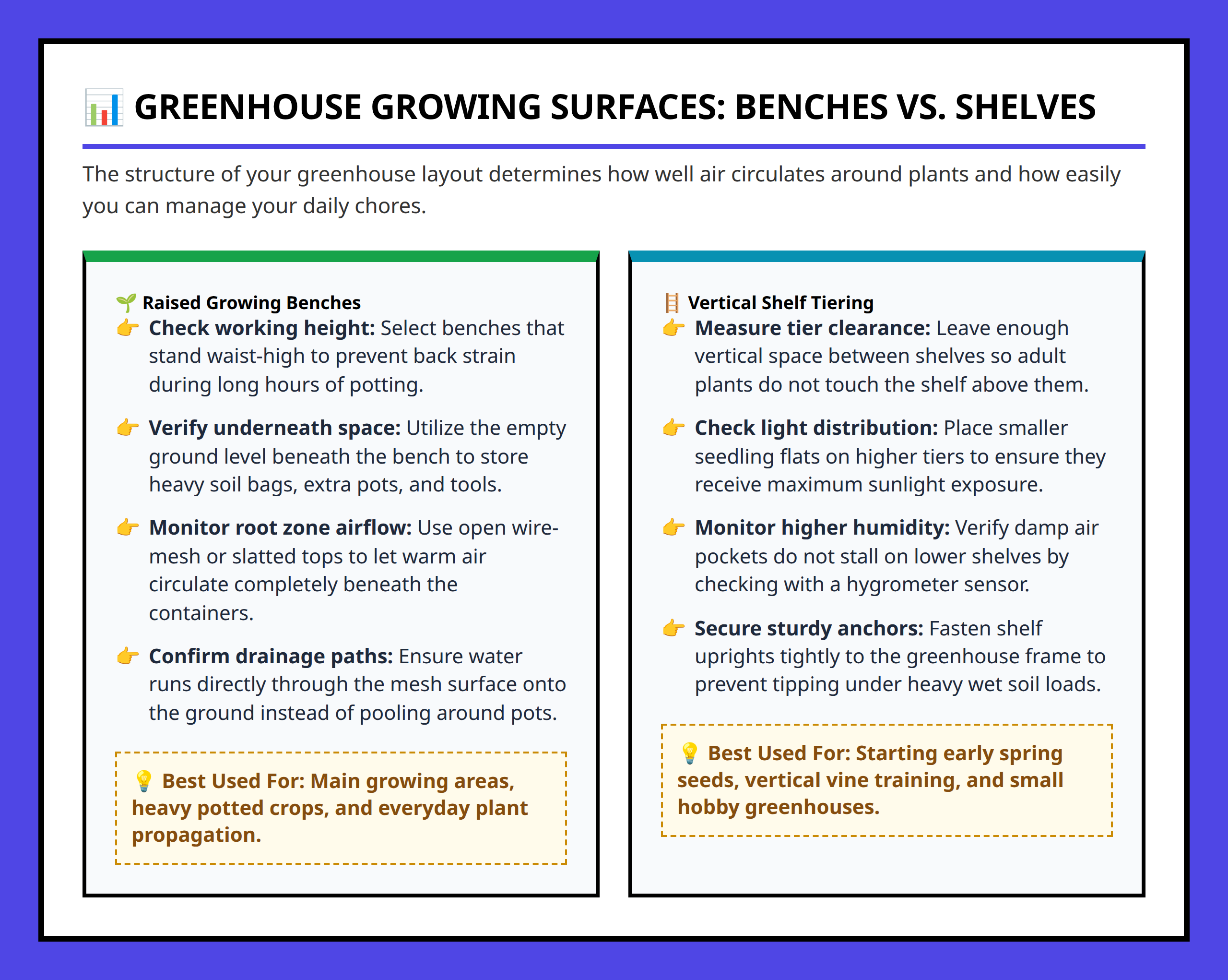 Infographic comparing raised greenhouse benches and vertical shelving layout options for space optimization