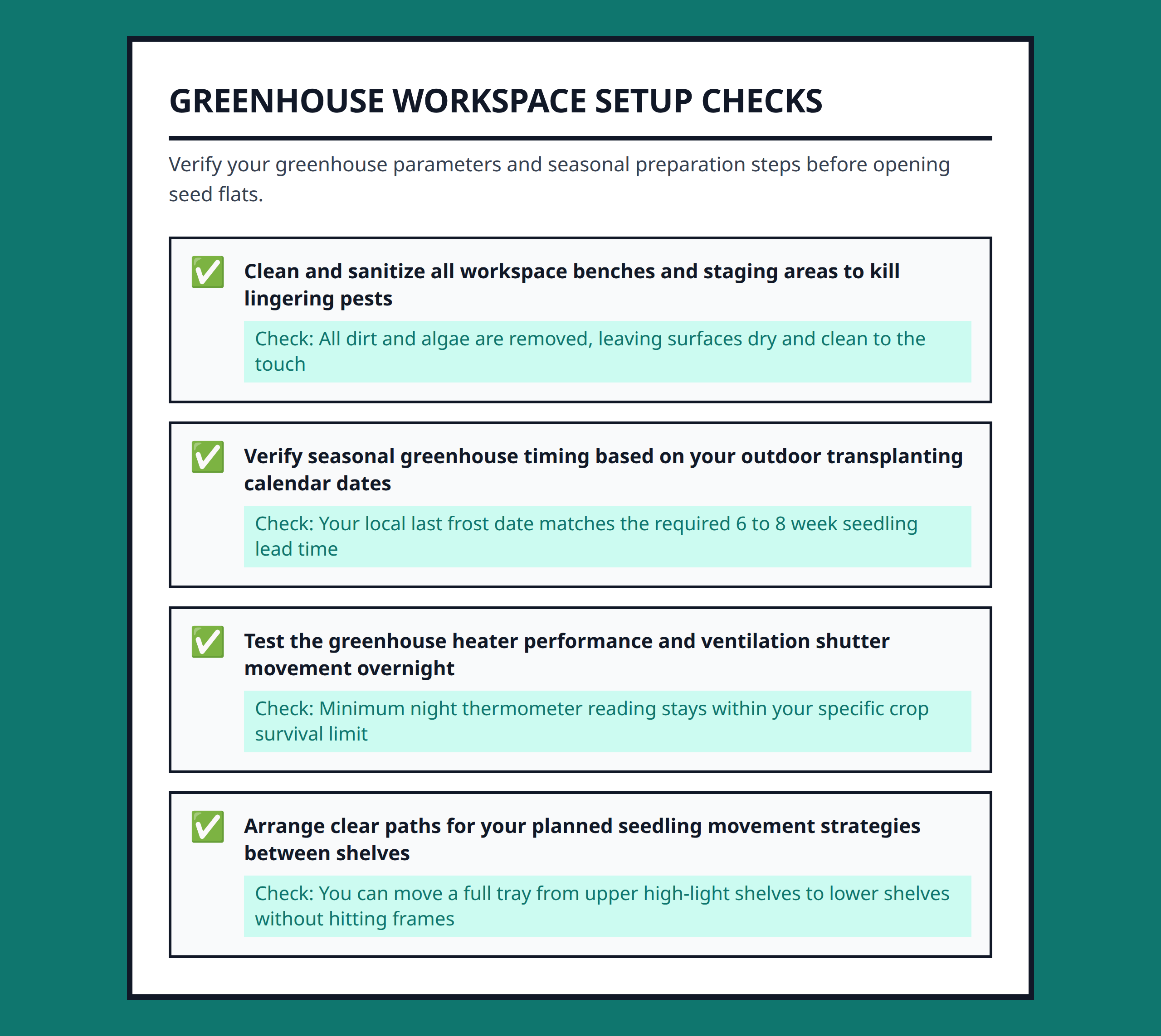 Checklist for preparing the greenhouse space before starting seeds to ensure healthy seedlings