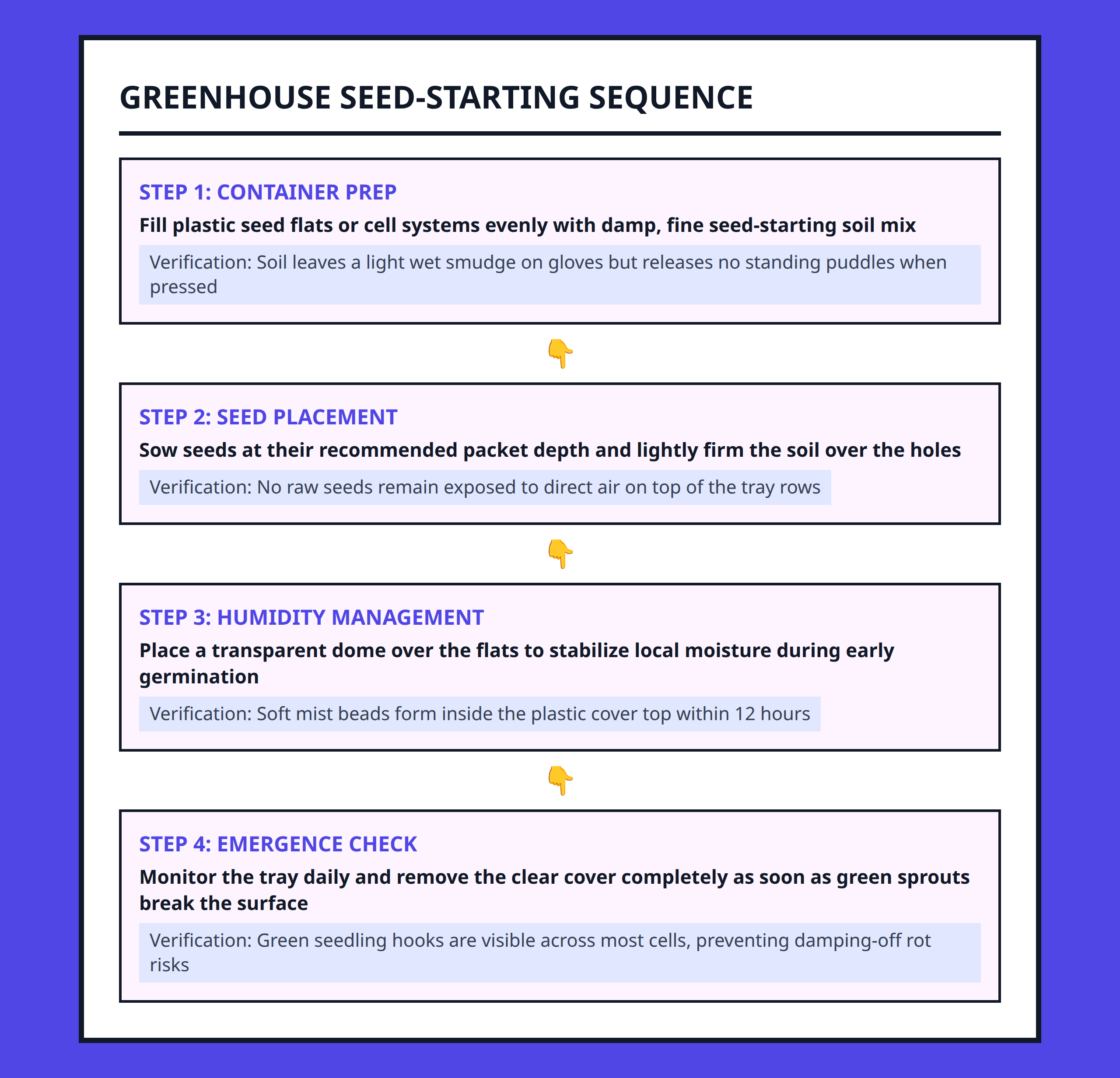 Flowchart showing the greenhouse seed starting workflow from initial preparation to final seedling stages