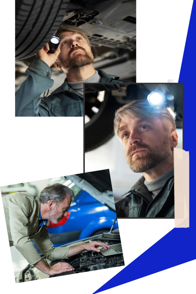 Auto repair technicians diagnosing car issues under the vehicle.