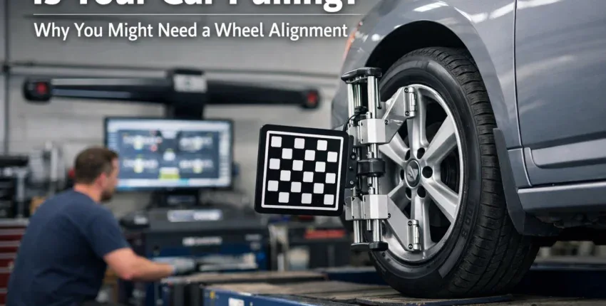 Wheel alignment being performed on a modern car at Fedora Tire & Oil LLC.