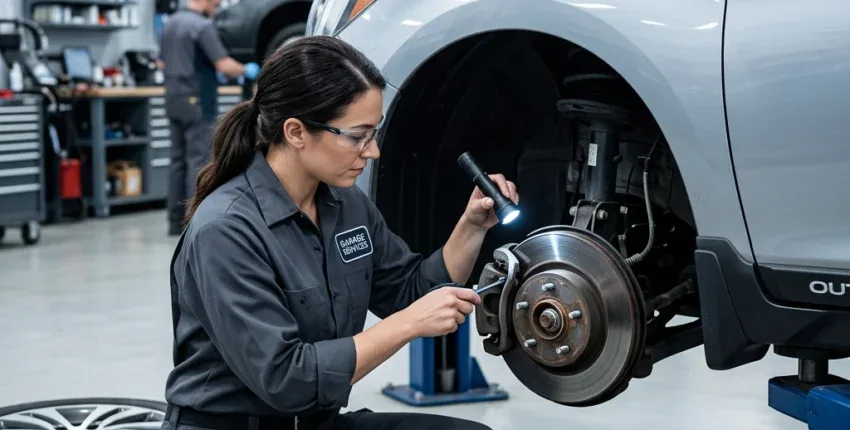 Technician inspecting a vehicle's wheel during tire service at Fedora Tire & Oil.