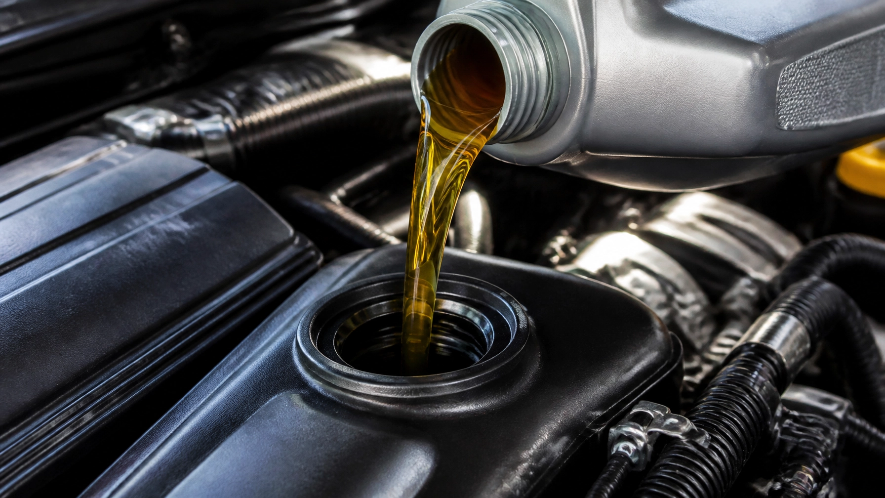 Vehicle oil being poured during an oil change at Fedora Tire & Oil LLC.
