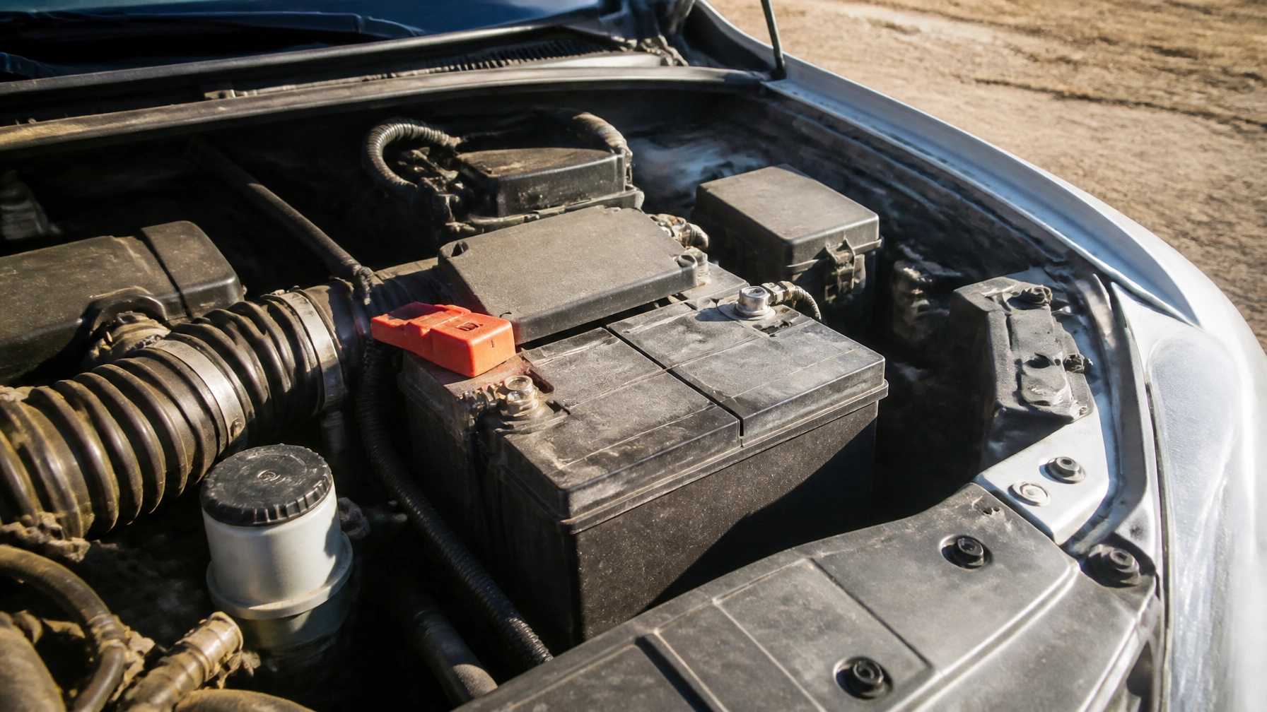 Close-up of car battery and engine parts in vehicle engine bay.