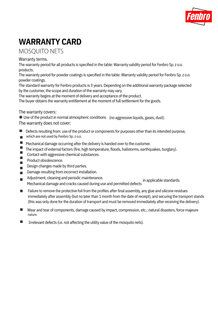 Mosquito nets Warranty Card