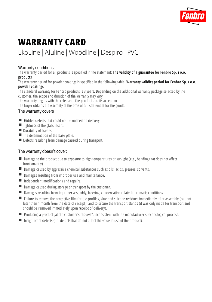 EkoLine | Aluline | Woodline | Despiro | PVC Warranty Card