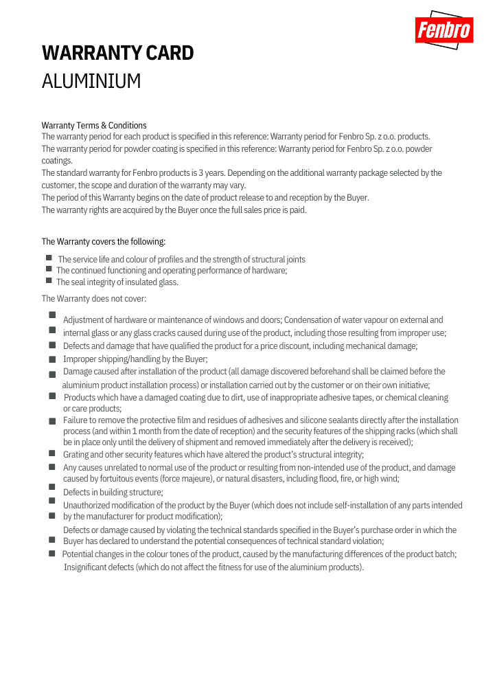 Aluminium Warranty Card