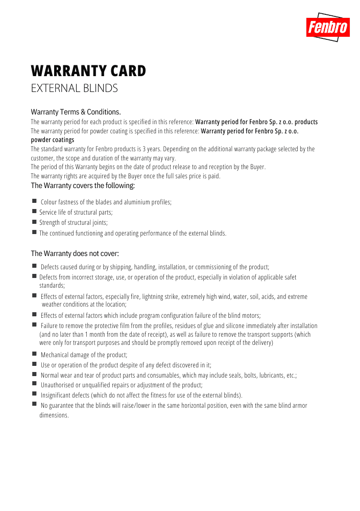 External blinds Warranty Card