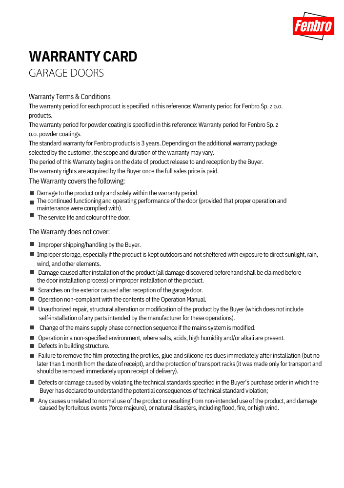 Garage doors Warranty Card