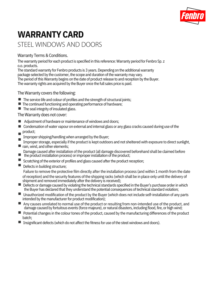 Steel windows and doors Warranty Card