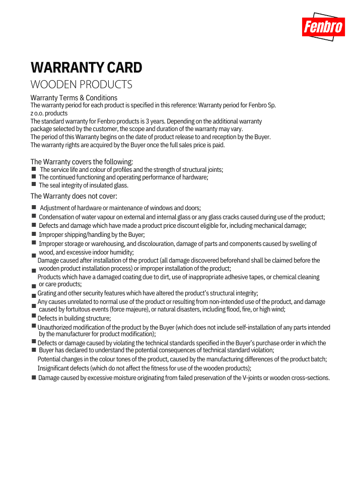Wooden products Warranty Card