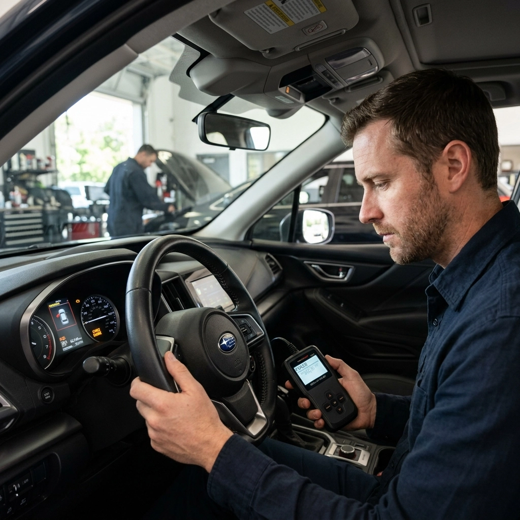 Professional car repair technician diagnosing vehicle with diagnostic tool inside car.