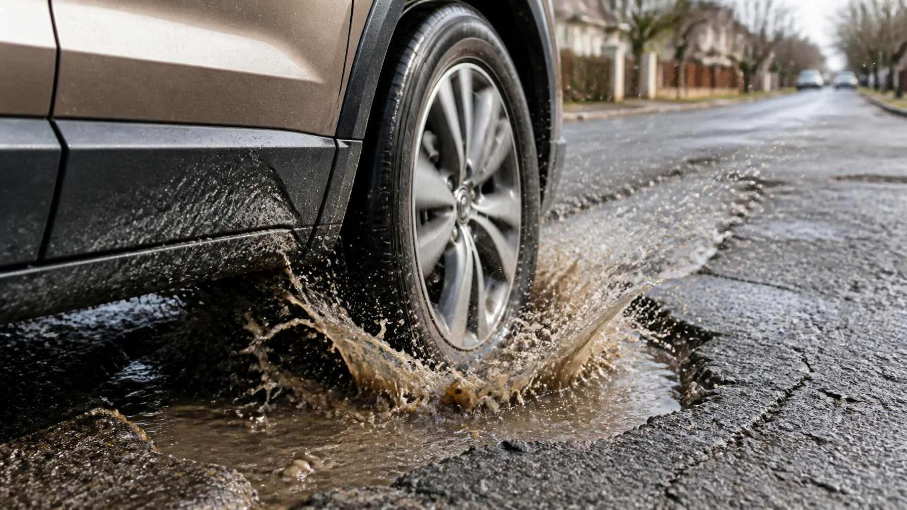 Car driving through a pothole on a wet road, splash of water visible.