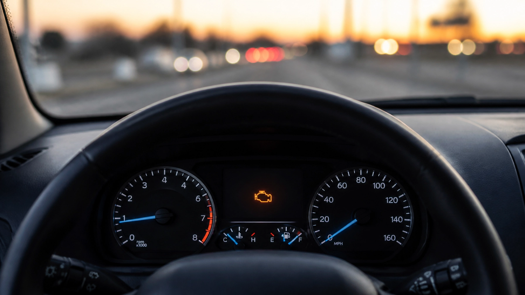 Dashboard with warning lights and speedometer at sunset.