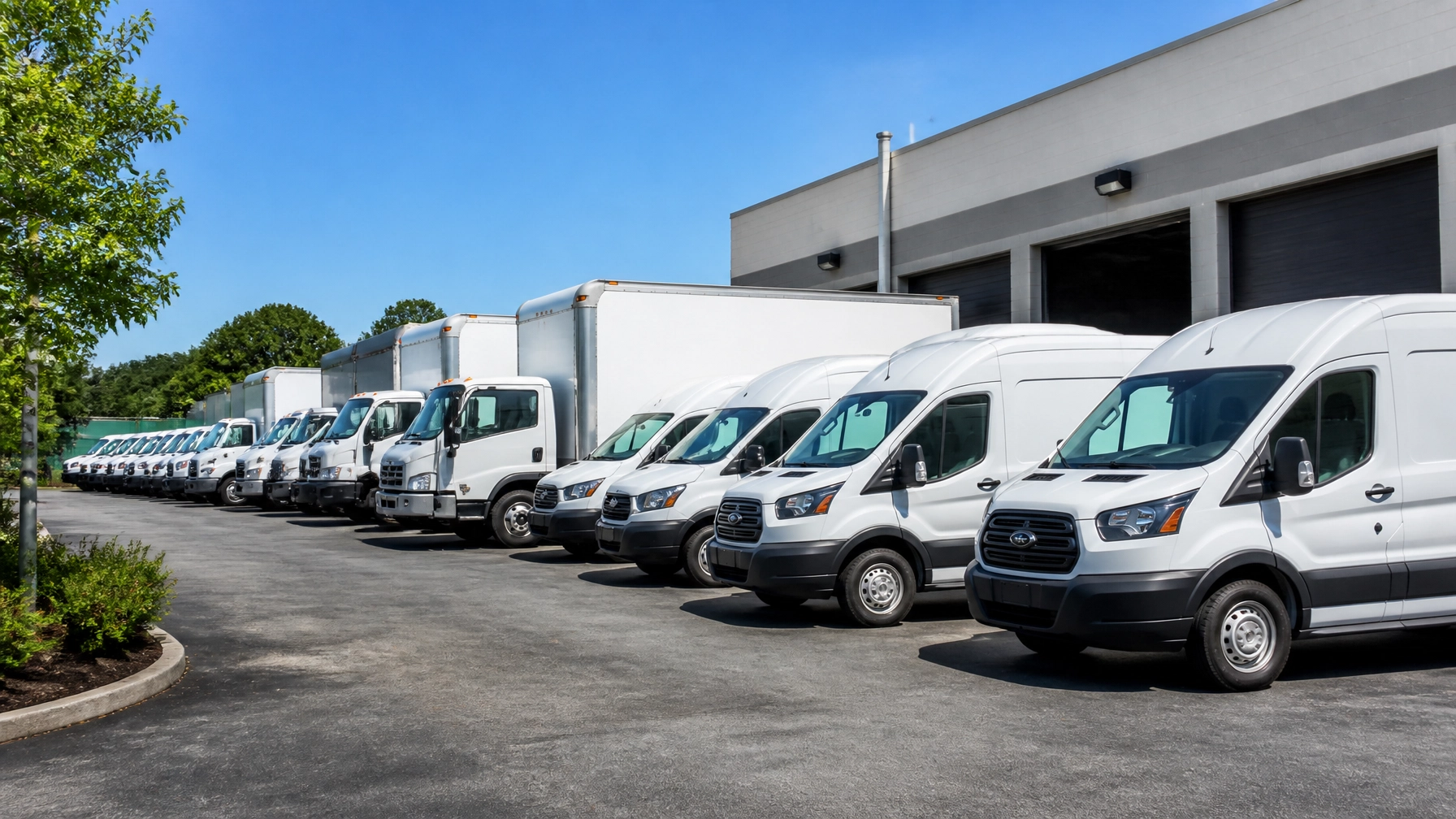Line of delivery vans parked outside First Class Car Care repair shop.