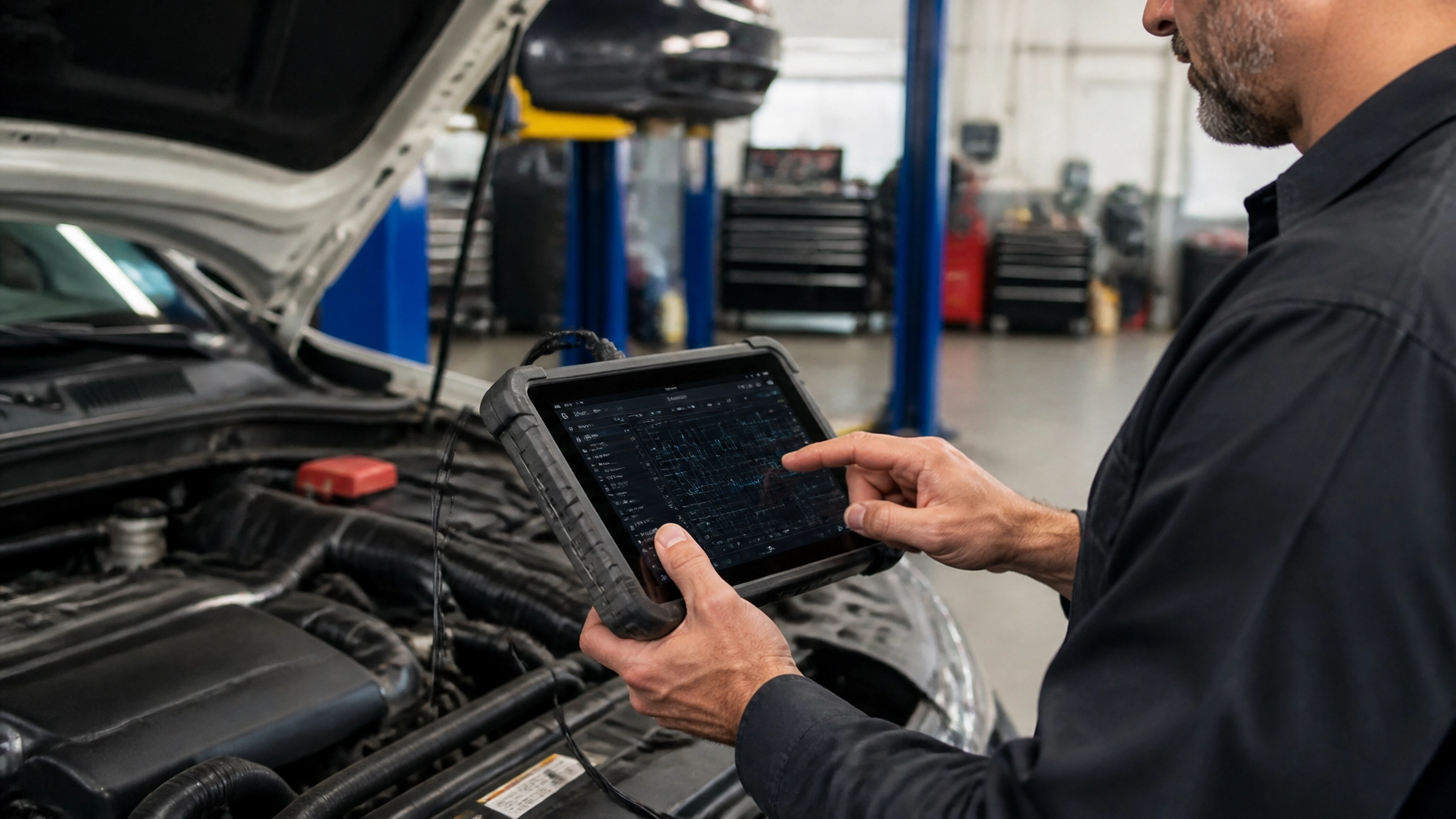 Technician using diagnostic scanner on car engine at repair shop.