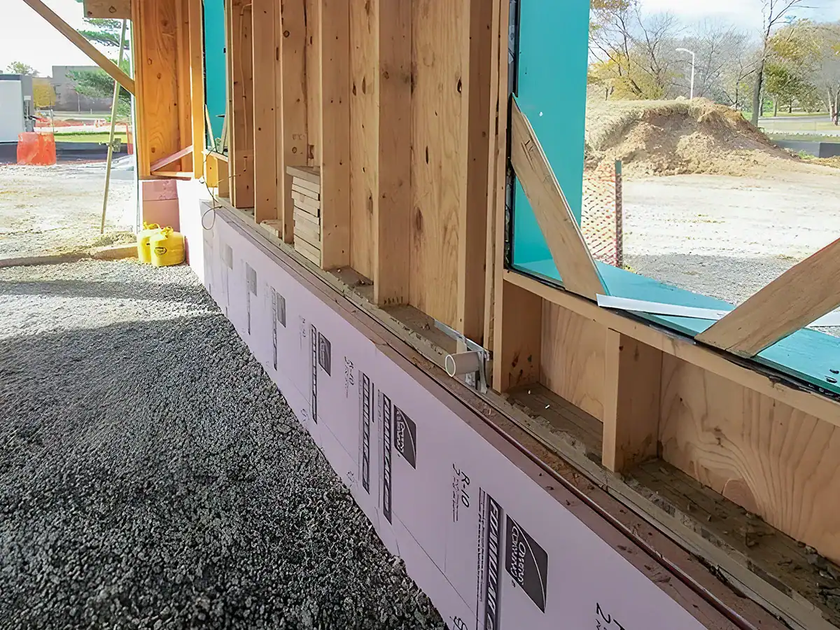 Wooden wall framework and partially installed windows on a construction site.