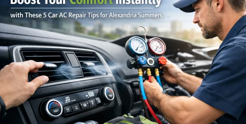 Automotive AC service technician checking car air conditioning system.
