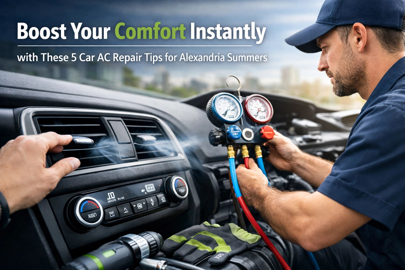 Automotive AC service technician checking car air conditioning system.