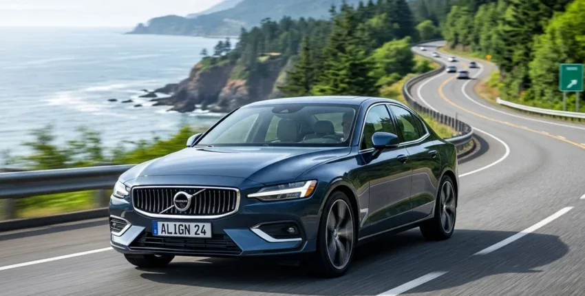 Volvo luxury sedan on coastal highway with scenic mountain views.