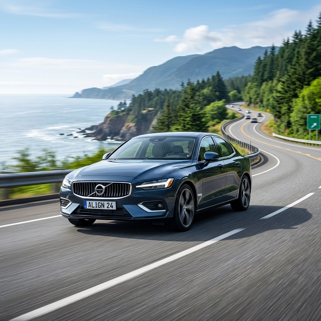 Volvo luxury sedan on coastal highway with scenic mountain views.