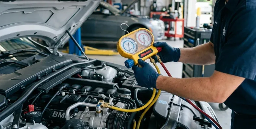 Auto mechanic performing car AC recharge with gauges in a repair shop.