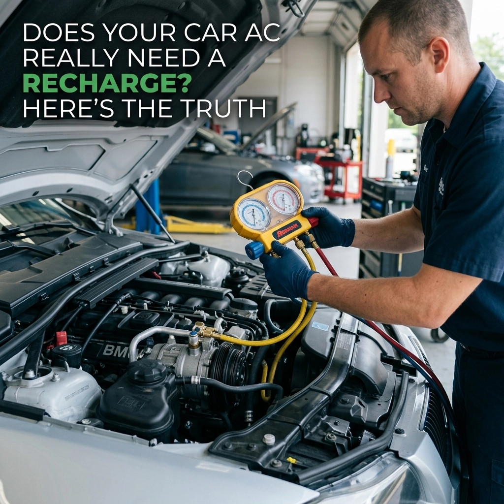 Auto mechanic performing car AC recharge with gauges in a repair shop.