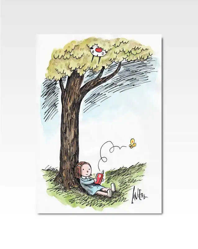 Enriqueta reading under a tree | by Liniers