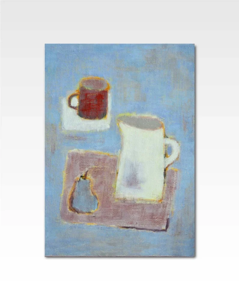 Jug and Cup with a small pear on a tray, in a soft pastel color palette.