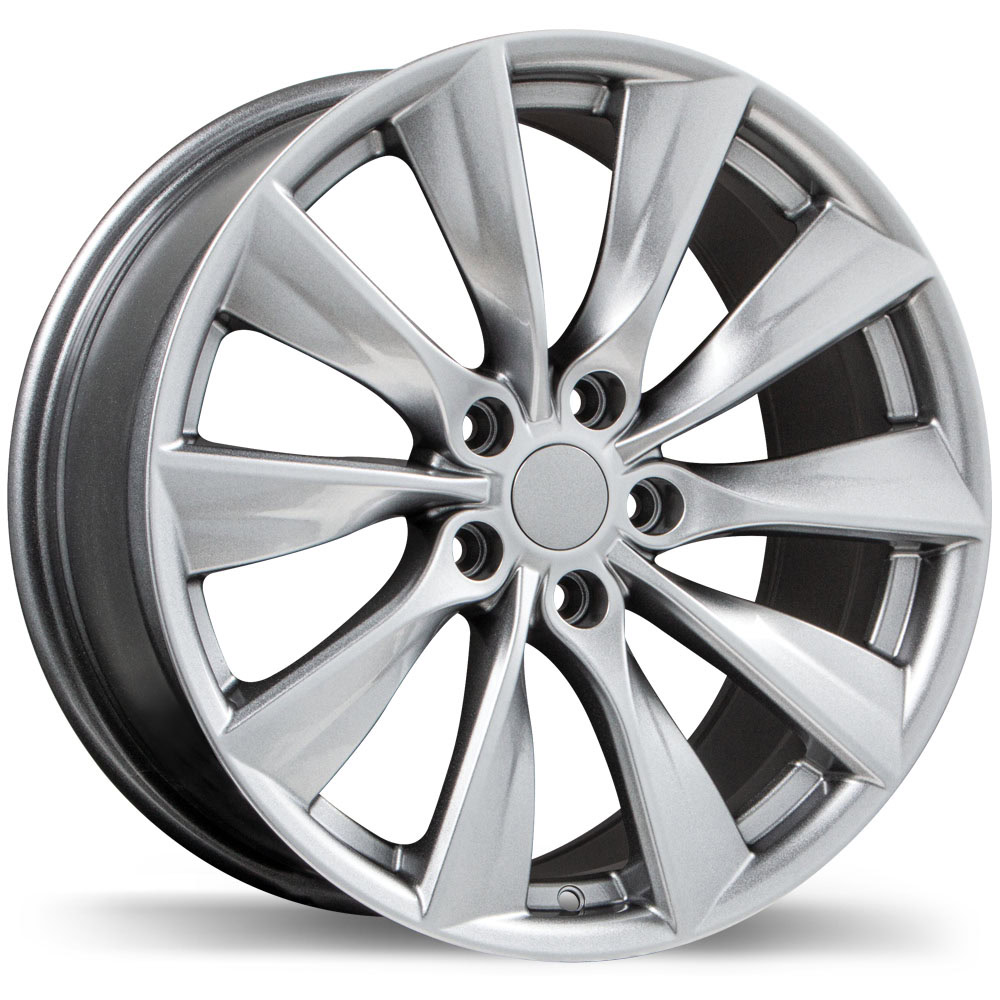 Silver alloy wheel rim suitable for electric and premium vehicles.