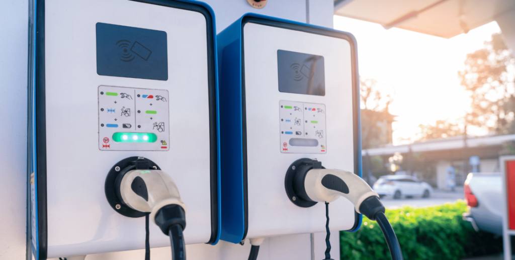Electric vehicle charging stations at a public charging point in Dartmouth, NS.