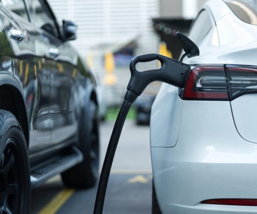 Electric vehicle being charged at a public charging station in Dartmouth, NS.