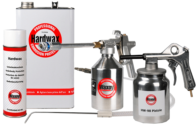 Waxoyl rust protection kit with spray gun and applicator for vehicle undercoating.