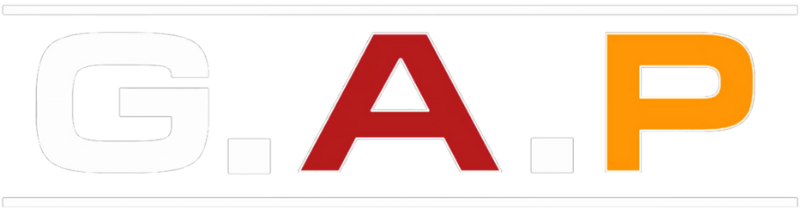 G.A.P logo with bold letters in black, red, and orange.