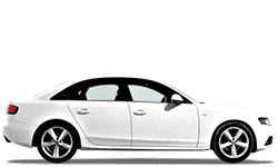 White luxury sedan parked outdoors, showcasing sleek design and performance.