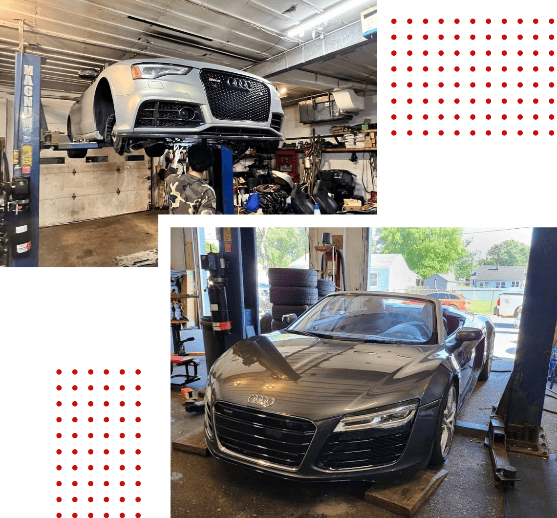 High-quality image of an Audi and Audi R8 sports car in a professional automotive workshop.