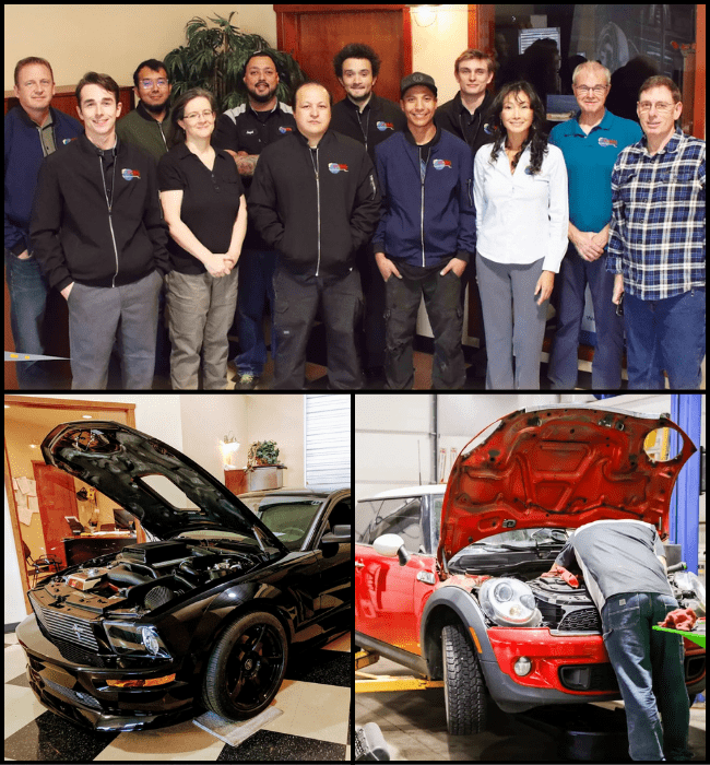 Group of car technicians and staff at Global Car Care auto service center.