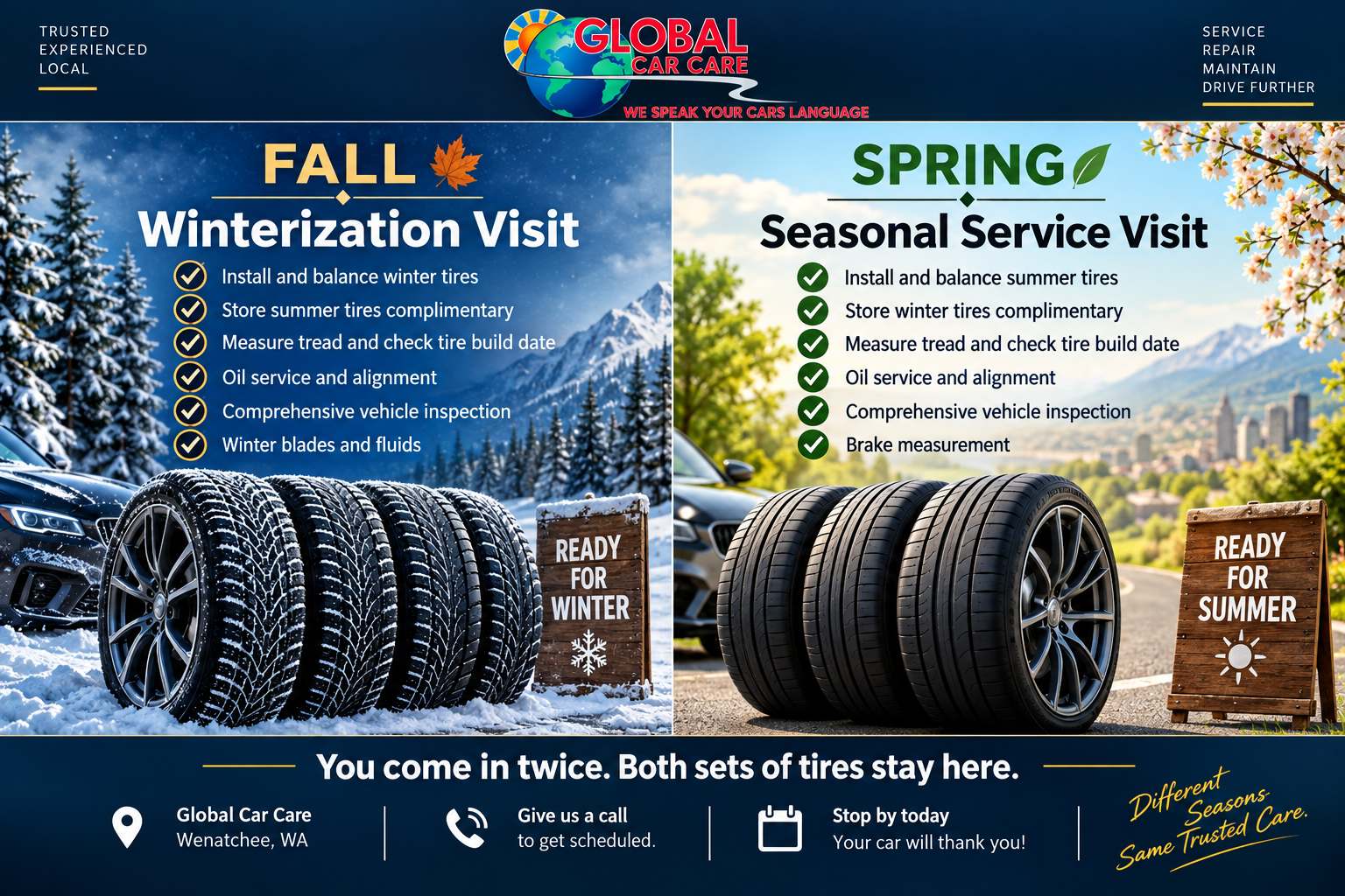 Seasonal tire service for winter and summer at Global Car Care.
