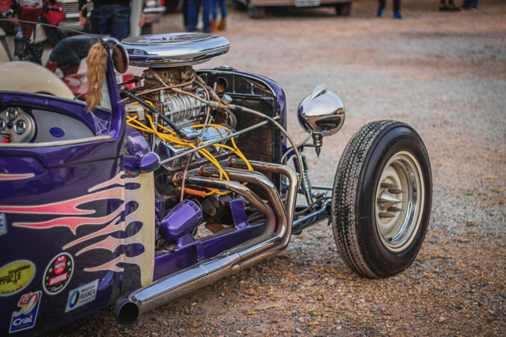 High-performance hot rod with custom wheels and tires for optimal racing grip.